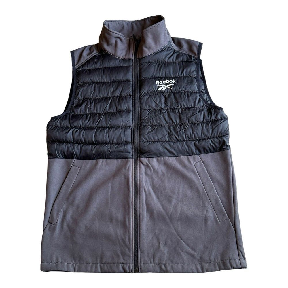 NWT REEBOK MENS X-LARGE FULL ZIPPER‎ TOP-HALF PUFFER VEST BLACK & GRAY M…